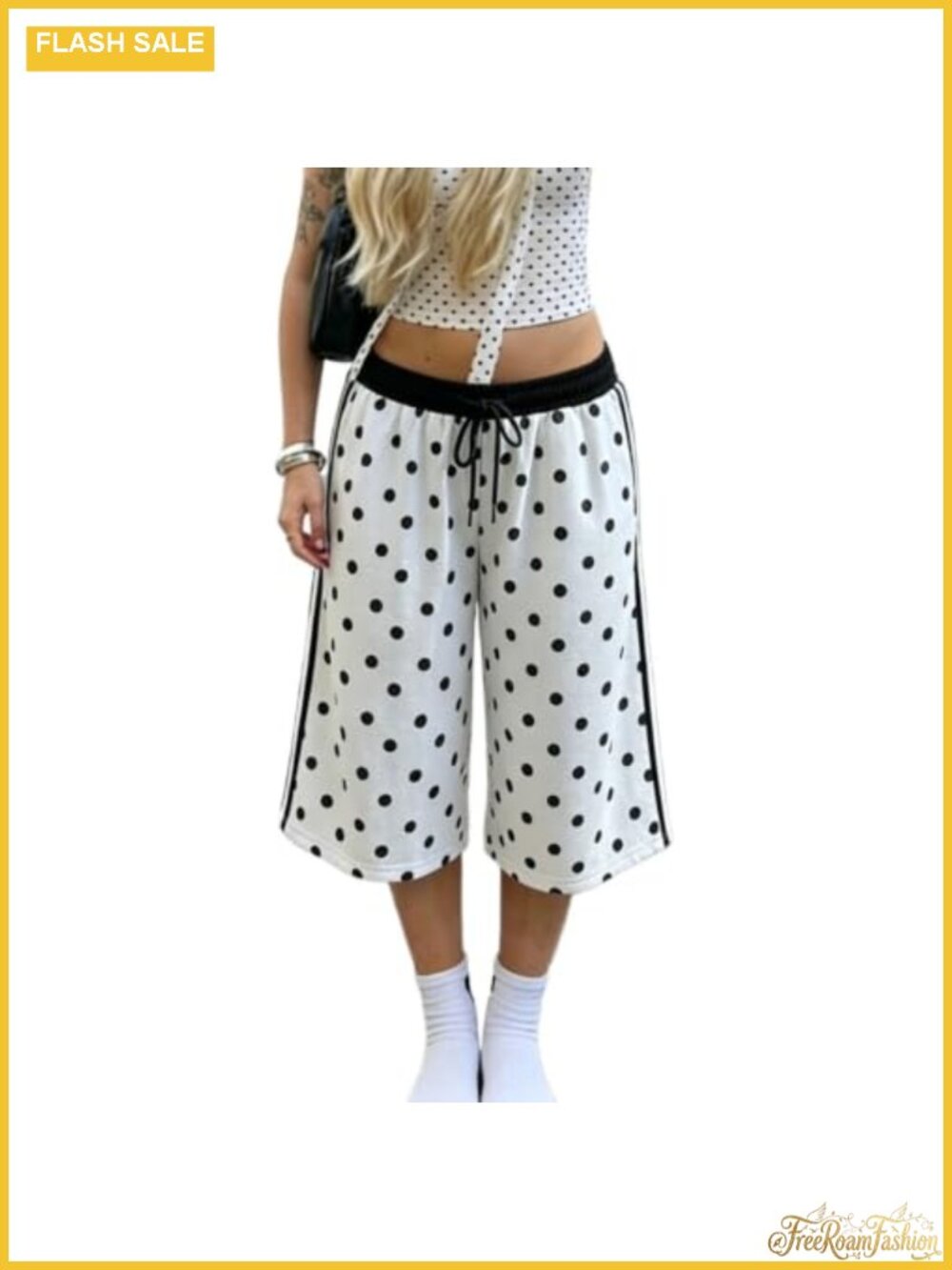 Y2k Wide Leg Polka Dot Capri Sweat Pants Baggy Cropped Streetwear